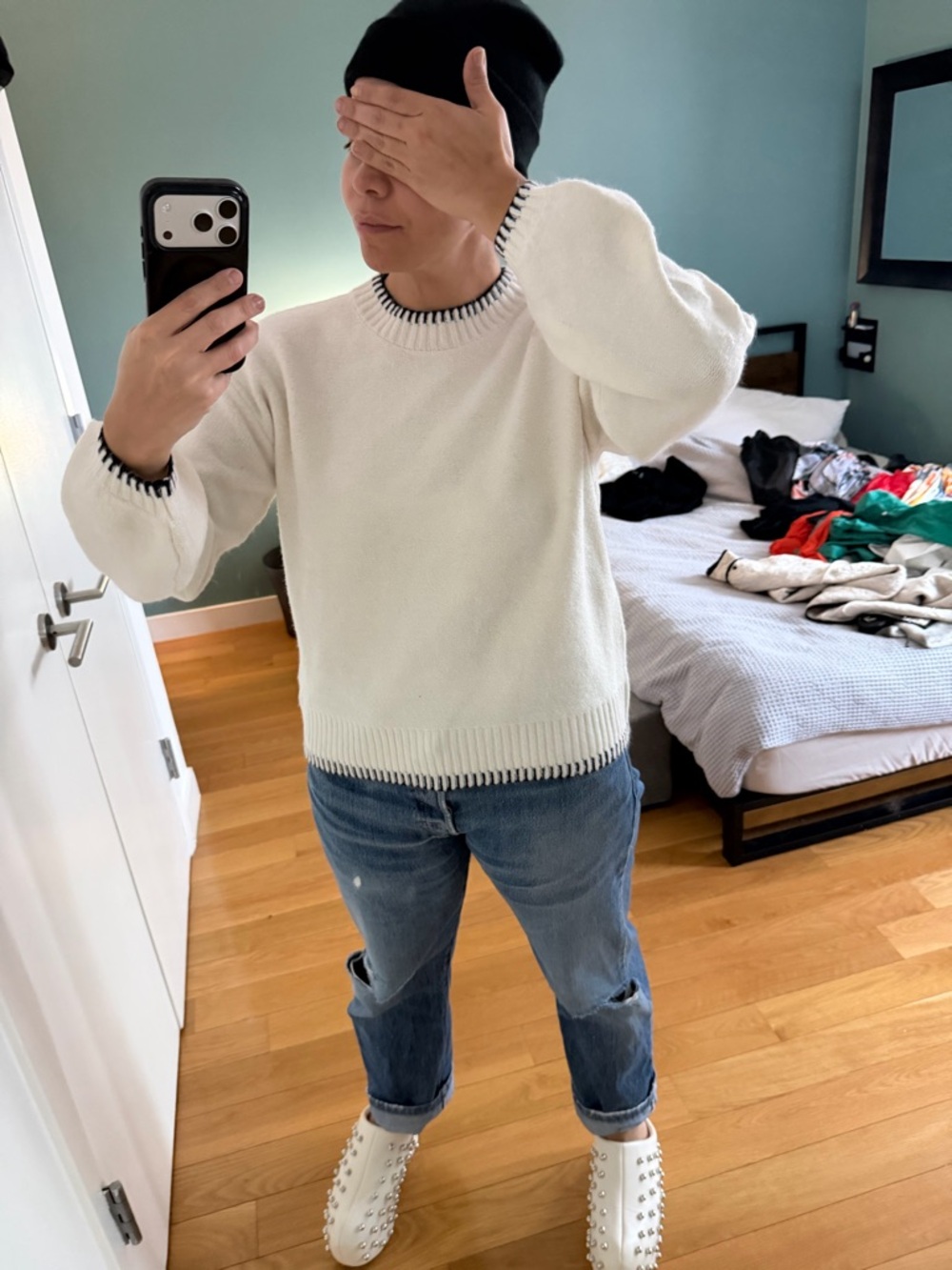 Women's White Crewneck Sweater with Contrast Trim